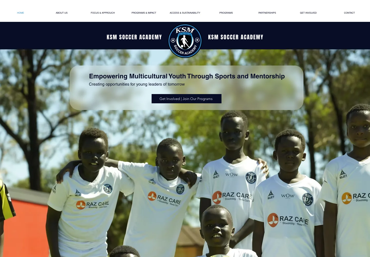 KSM Soccer Academy website showing its youth sports and mentorship program