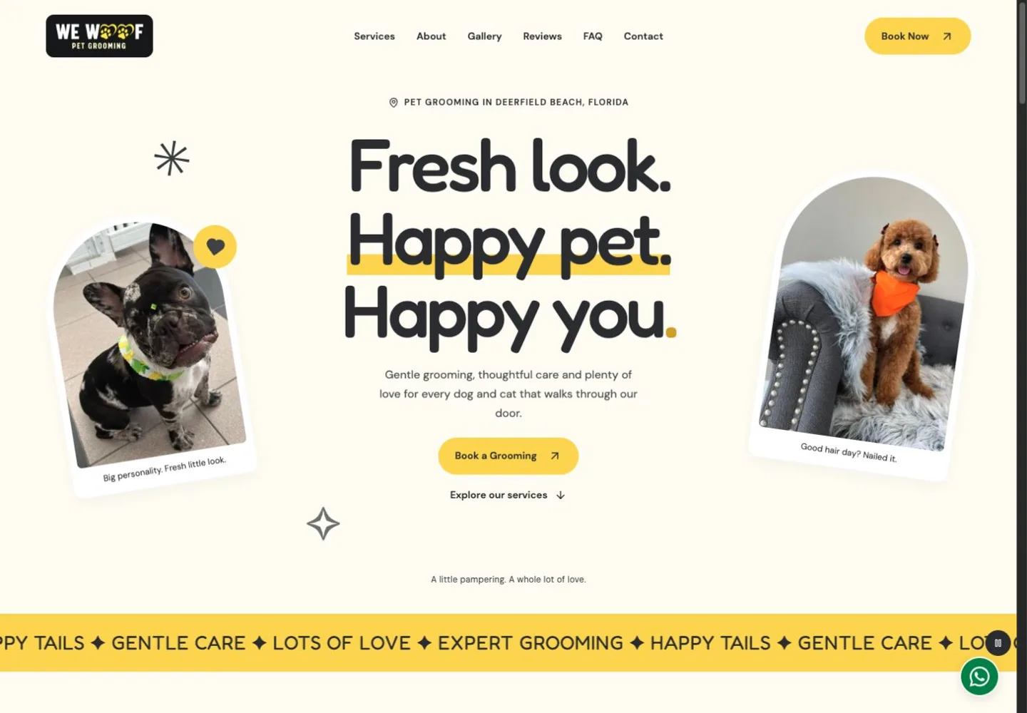 We Woof Pet Grooming website with pet photography and grooming services in Deerfield Beach, Florida